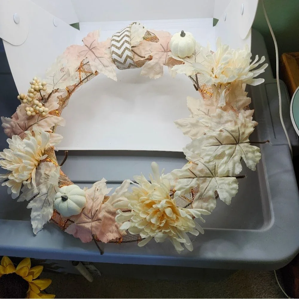 Hand Crafted Ivory Chrysanthemum Pumpkin Floral Wreath Summer Door Wall